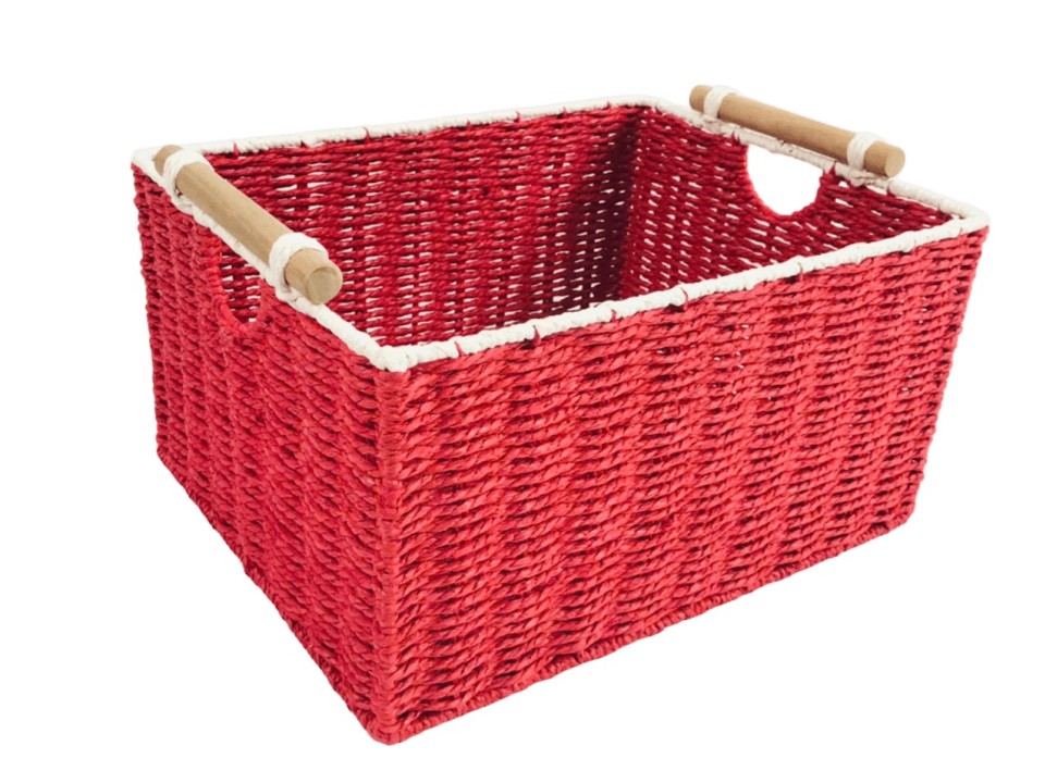 Professional-grade Rectangular Paper Cord Woven Storage Basket with Wooden Handles